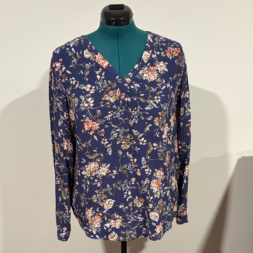 Navy Floral V-Neck Blouse - Rayon - Size L
